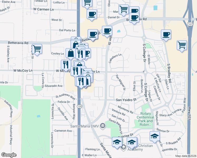 map of restaurants, bars, coffee shops, grocery stores, and more near 310 East McCoy Lane in Santa Maria