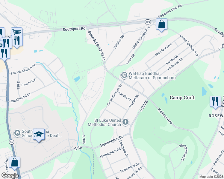 map of restaurants, bars, coffee shops, grocery stores, and more near 2620 Cedar Springs Drive in Spartanburg
