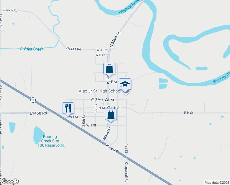 map of restaurants, bars, coffee shops, grocery stores, and more near 304 2nd Street in Alex