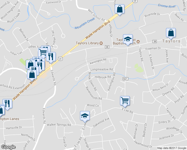 map of restaurants, bars, coffee shops, grocery stores, and more near 204 Hillbrook Road in Taylors