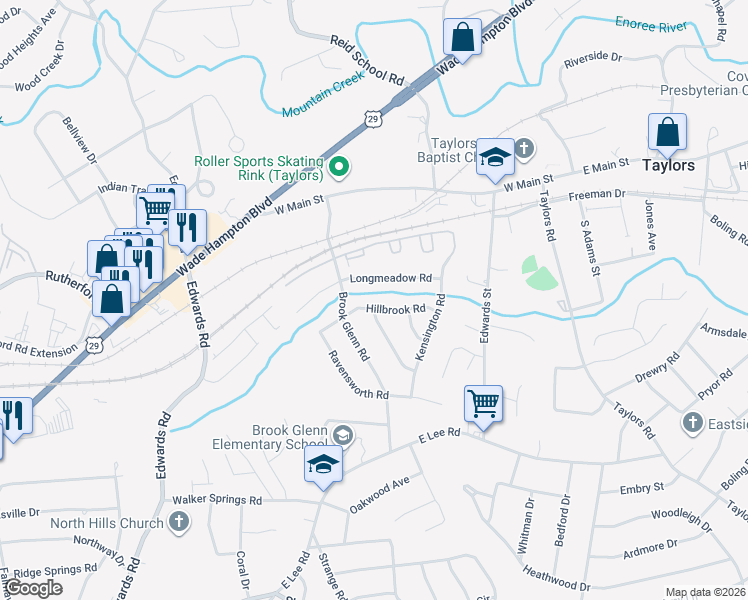 map of restaurants, bars, coffee shops, grocery stores, and more near 204 Hillbrook Road in Taylors
