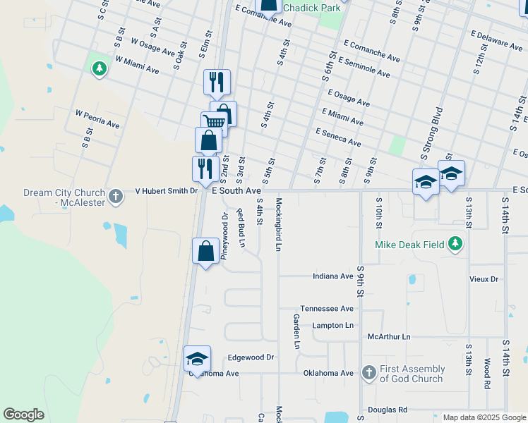 map of restaurants, bars, coffee shops, grocery stores, and more near 1510 South 4th Street in McAlester