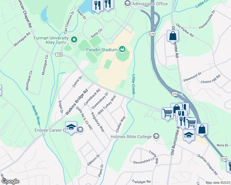 map of restaurants, bars, coffee shops, grocery stores, and more near 1213 Duncan Chapel Road in Greenville