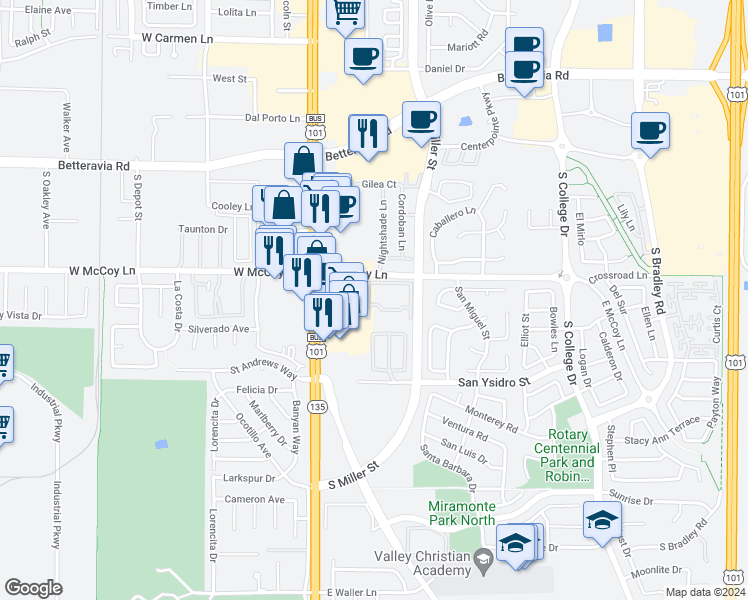 map of restaurants, bars, coffee shops, grocery stores, and more near Unnamed Road in Santa Maria