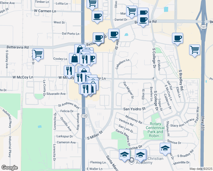 map of restaurants, bars, coffee shops, grocery stores, and more near 310 East McCoy Lane in Santa Maria
