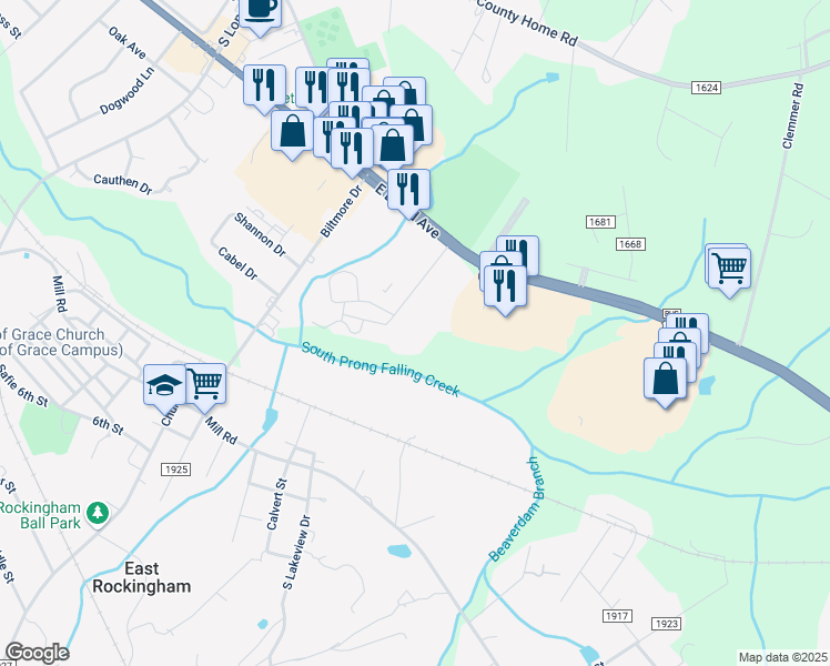 map of restaurants, bars, coffee shops, grocery stores, and more near 2 Lady Mary Lane in Rockingham