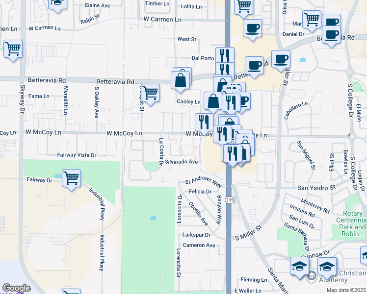 map of restaurants, bars, coffee shops, grocery stores, and more near 2454 Village Green in Santa Maria