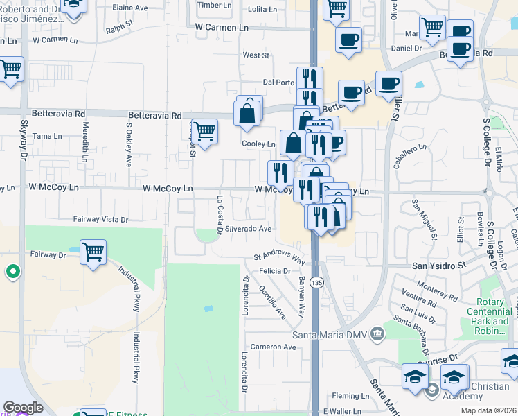 map of restaurants, bars, coffee shops, grocery stores, and more near 2472 Village Green in Santa Maria