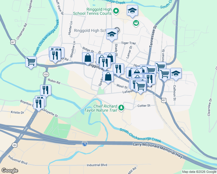 map of restaurants, bars, coffee shops, grocery stores, and more near 127 Cleveland Street in Ringgold