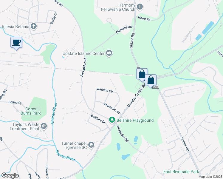 map of restaurants, bars, coffee shops, grocery stores, and more near 201 Watkins Circle in Taylors