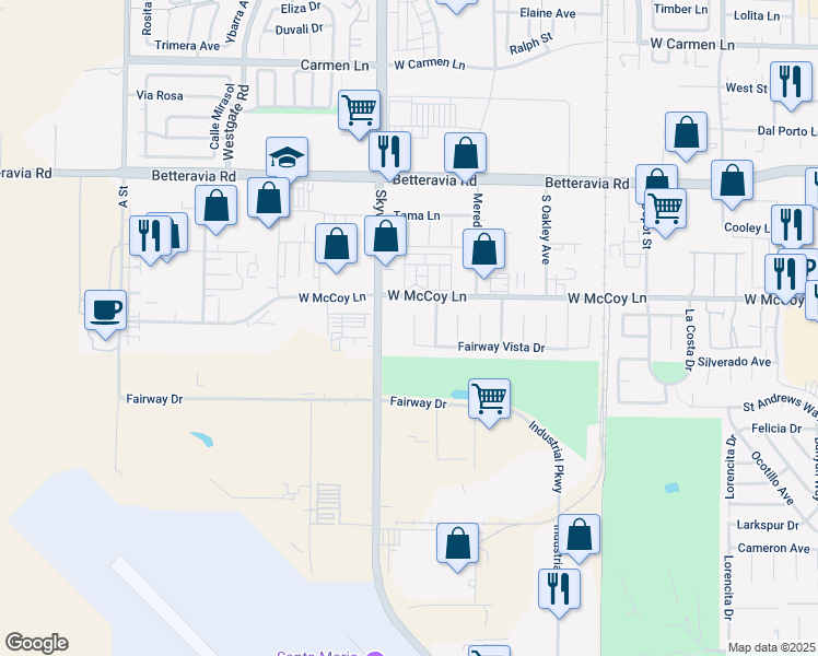 map of restaurants, bars, coffee shops, grocery stores, and more near 2435 Iron Ridge Court in Santa Maria