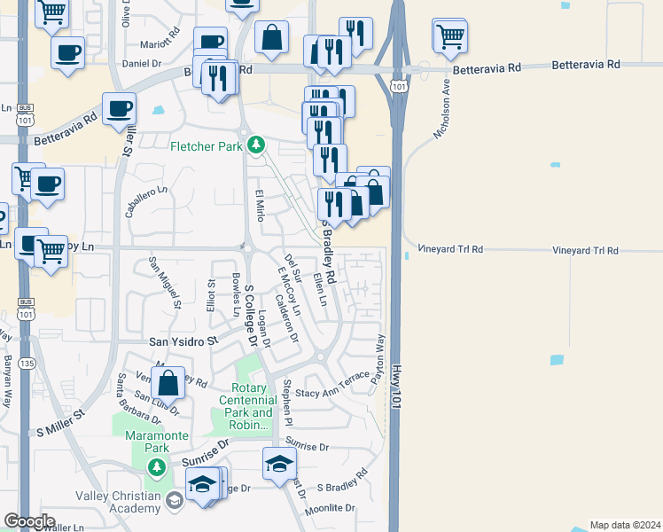 map of restaurants, bars, coffee shops, grocery stores, and more near 2429 Rubel Way in Santa Maria