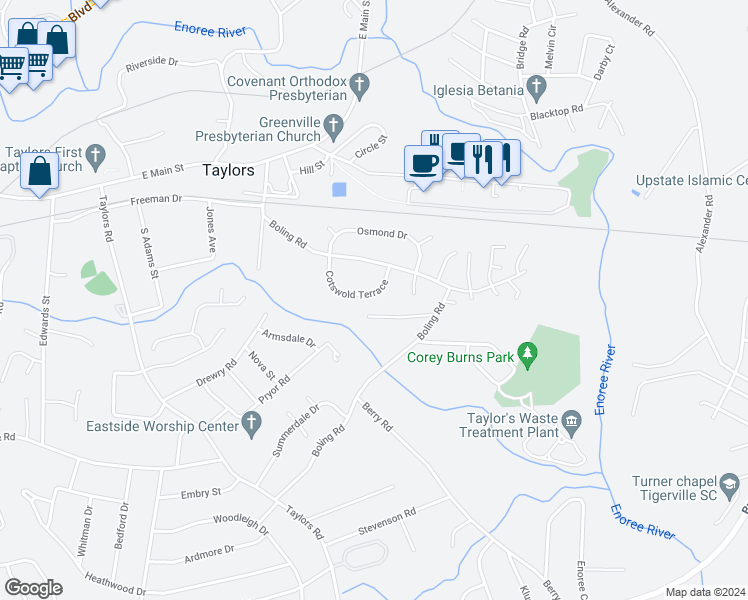 map of restaurants, bars, coffee shops, grocery stores, and more near 30 Cotswold Terrace in Taylors