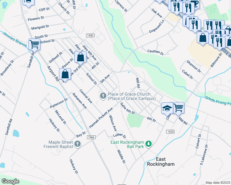 map of restaurants, bars, coffee shops, grocery stores, and more near 215 Safie 5th Street in Rockingham