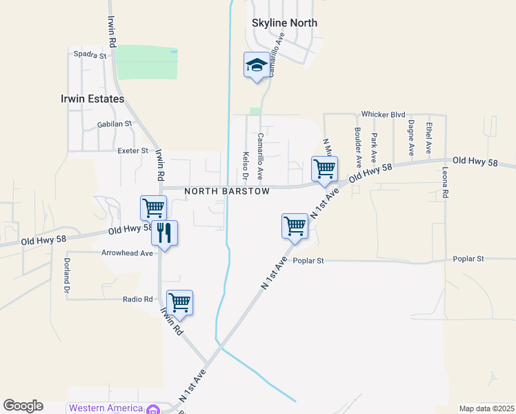 map of restaurants, bars, coffee shops, grocery stores, and more near 690 US Highway 58 in Barstow