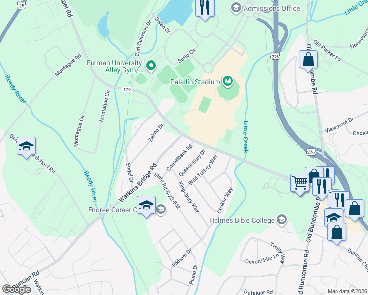 map of restaurants, bars, coffee shops, grocery stores, and more near 10 Camelback Road in Greenville