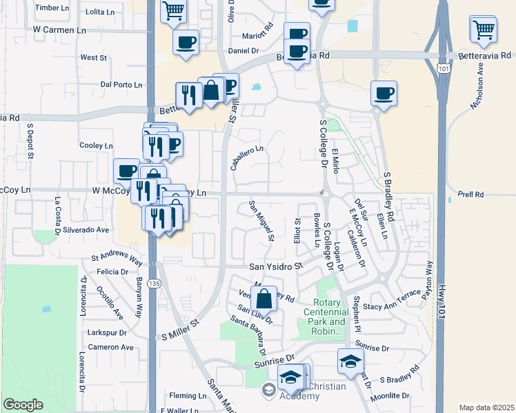 map of restaurants, bars, coffee shops, grocery stores, and more near 2432 San Miguel Street in Santa Maria