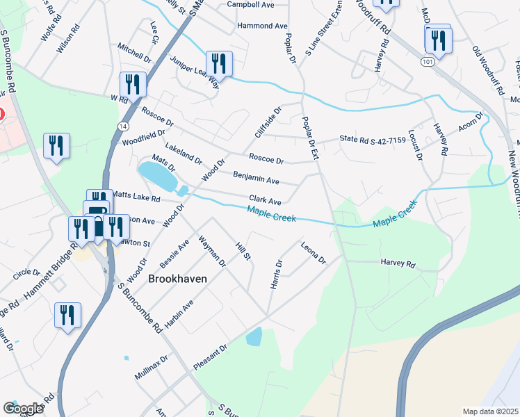 map of restaurants, bars, coffee shops, grocery stores, and more near 118 Clark Avenue in Greer