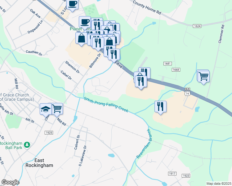 map of restaurants, bars, coffee shops, grocery stores, and more near 2 Lady Mary Lane in Rockingham