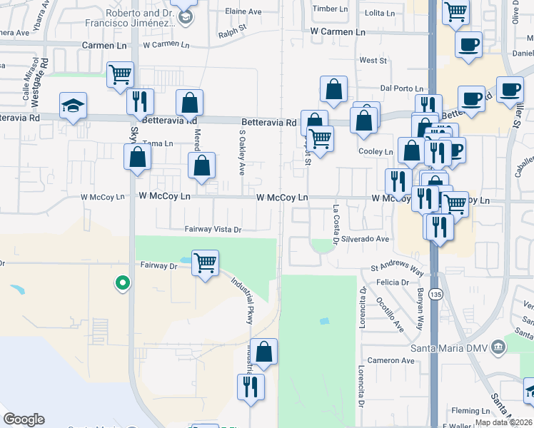 map of restaurants, bars, coffee shops, grocery stores, and more near 2417 Longdrive Lane in Santa Maria