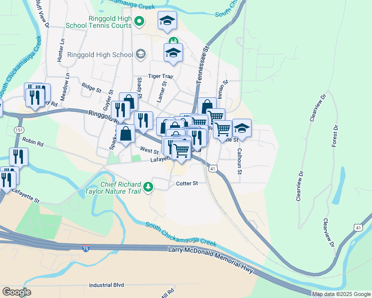 map of restaurants, bars, coffee shops, grocery stores, and more near in Ringgold