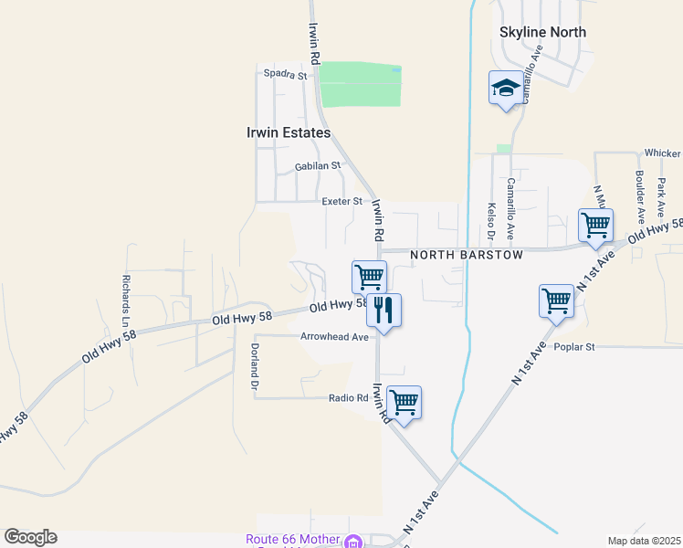 map of restaurants, bars, coffee shops, grocery stores, and more near 29226 Old Highway 58 in Barstow