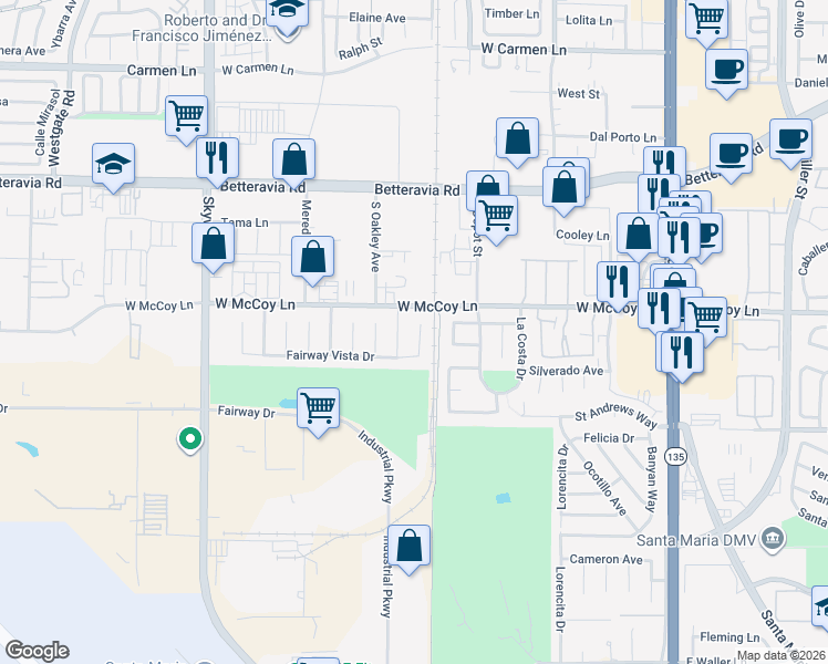 map of restaurants, bars, coffee shops, grocery stores, and more near 2417 Longdrive Lane in Santa Maria