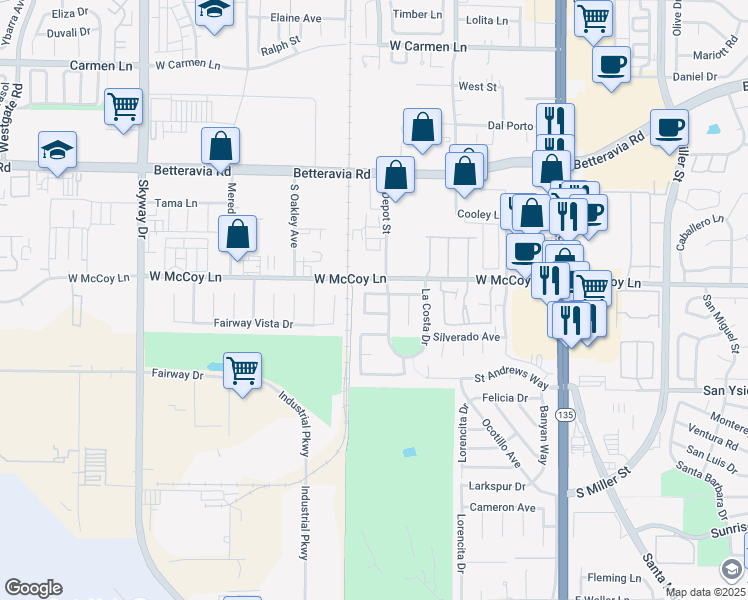 map of restaurants, bars, coffee shops, grocery stores, and more near 712 Riviera Lane in Santa Maria