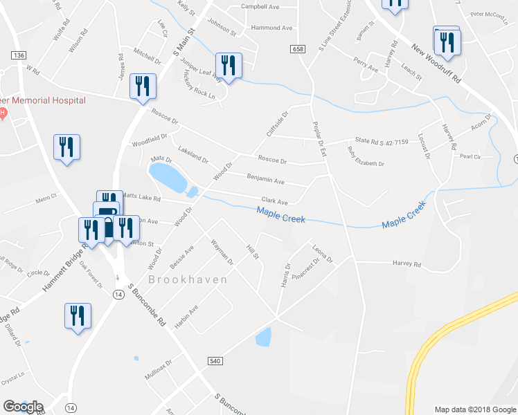 map of restaurants, bars, coffee shops, grocery stores, and more near 118 Clark Avenue in Greer