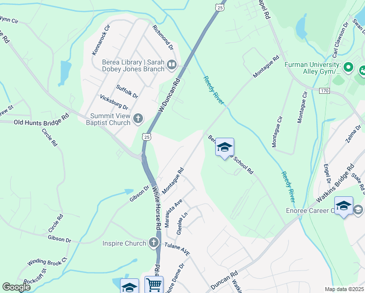 map of restaurants, bars, coffee shops, grocery stores, and more near 142 Montague Drive in Greenville
