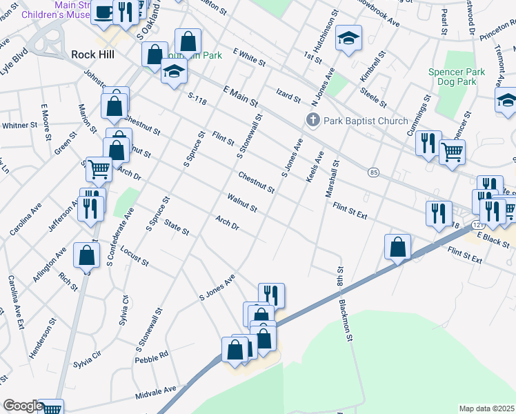 map of restaurants, bars, coffee shops, grocery stores, and more near 661 Walnut Street in Rock Hill