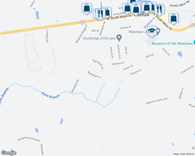 map of restaurants, bars, coffee shops, grocery stores, and more near 4704 Waterbell Lane in Waxhaw