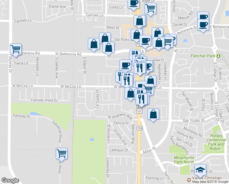 map of restaurants, bars, coffee shops, grocery stores, and more near 2433 Country Lane in Santa Maria