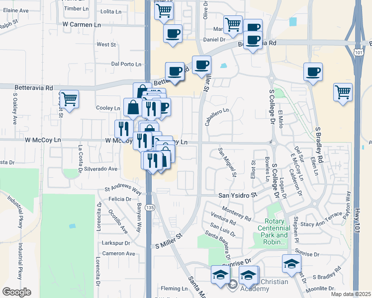 map of restaurants, bars, coffee shops, grocery stores, and more near 310 West McCoy Lane in Santa Maria