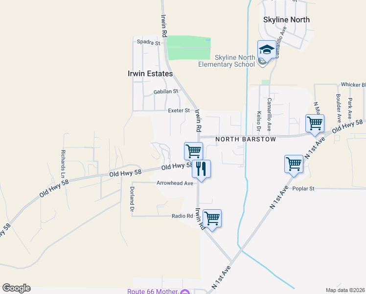 map of restaurants, bars, coffee shops, grocery stores, and more near 29226 US Highway 58 in Barstow