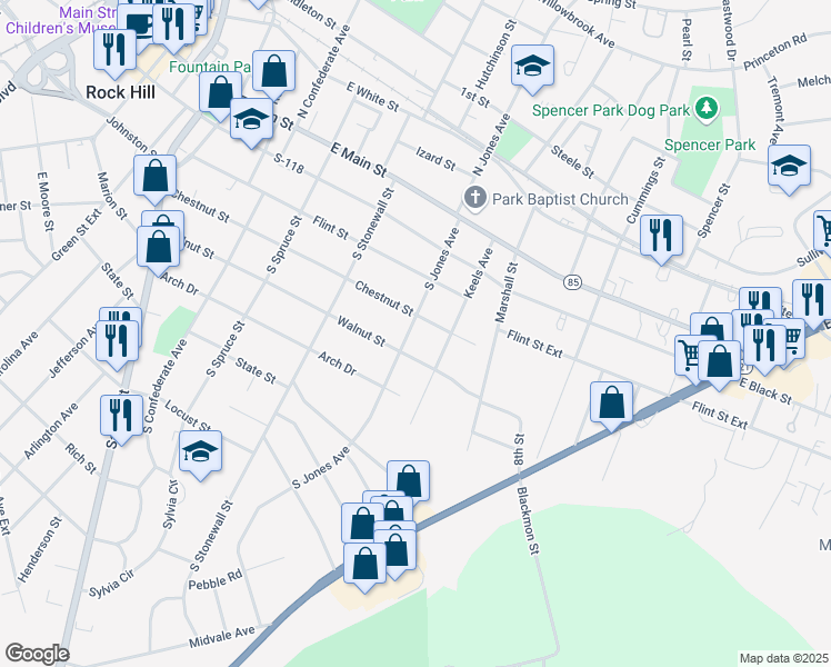 map of restaurants, bars, coffee shops, grocery stores, and more near 413 South Jones Avenue in Rock Hill