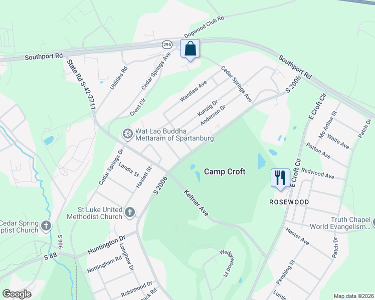 map of restaurants, bars, coffee shops, grocery stores, and more near 2522 West Croft Circle in Spartanburg