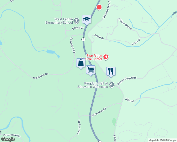 map of restaurants, bars, coffee shops, grocery stores, and more near 121 Sequoia in Blue Ridge