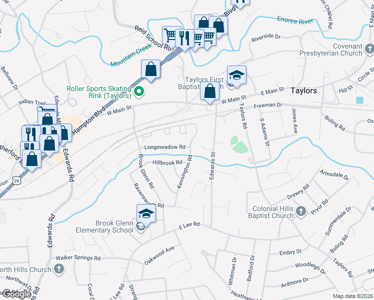 map of restaurants, bars, coffee shops, grocery stores, and more near 4 Hillbrook Road in Taylors