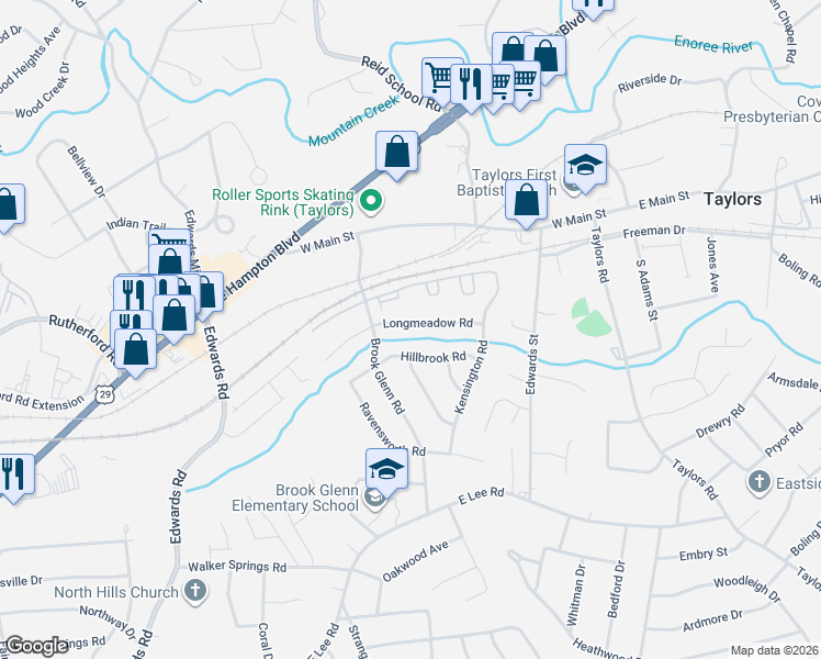 map of restaurants, bars, coffee shops, grocery stores, and more near 204 Hillbrook Road in Taylors