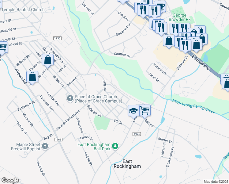 map of restaurants, bars, coffee shops, grocery stores, and more near 26 1st Avenue in Rockingham