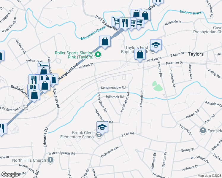map of restaurants, bars, coffee shops, grocery stores, and more near 102 Hillbrook Road in Taylors