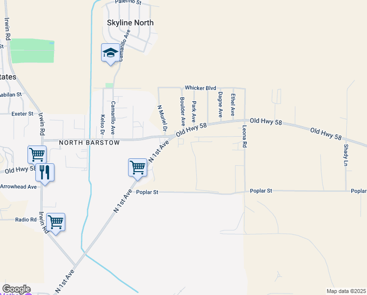 map of restaurants, bars, coffee shops, grocery stores, and more near 29867 Old Highway 58 in Barstow