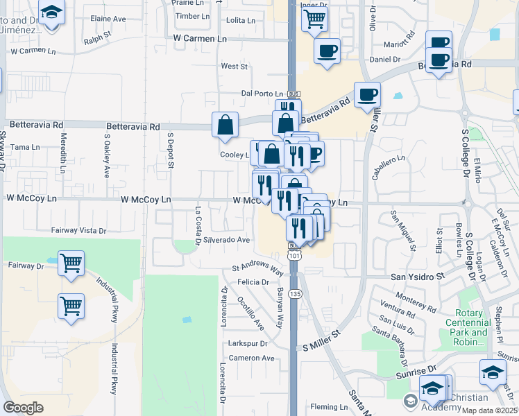map of restaurants, bars, coffee shops, grocery stores, and more near 2384 Professional Parkway in Santa Maria