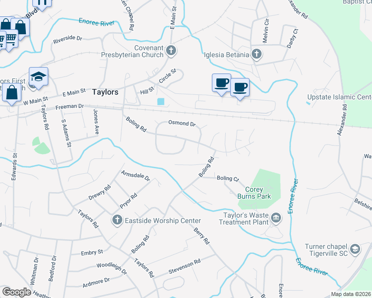 map of restaurants, bars, coffee shops, grocery stores, and more near 314 Boling Road in Taylors