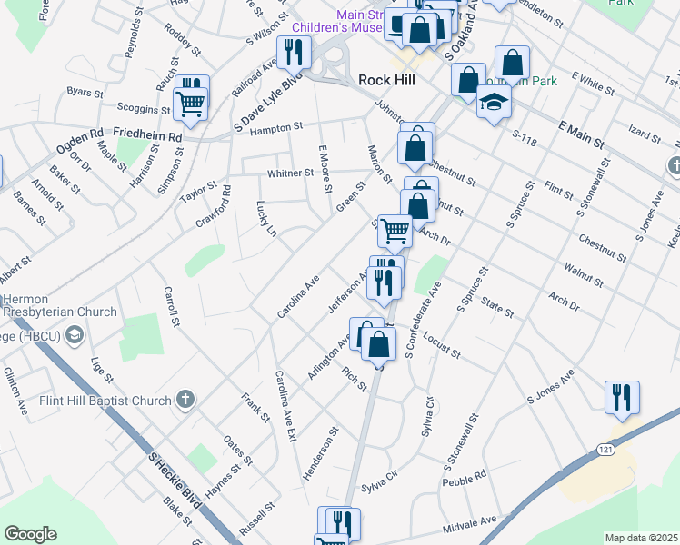 map of restaurants, bars, coffee shops, grocery stores, and more near 743 Carolina Avenue in Rock Hill