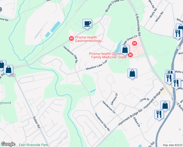 map of restaurants, bars, coffee shops, grocery stores, and more near 208 Meadow Lake Trail in Greer