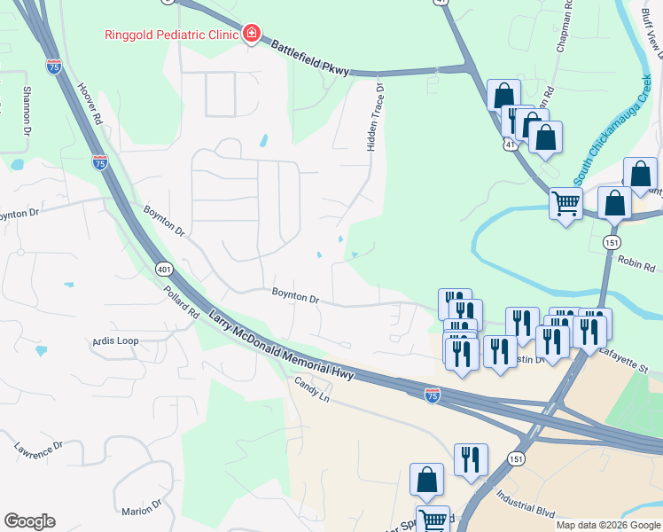 map of restaurants, bars, coffee shops, grocery stores, and more near 460 Hidden Trace Drive in Ringgold
