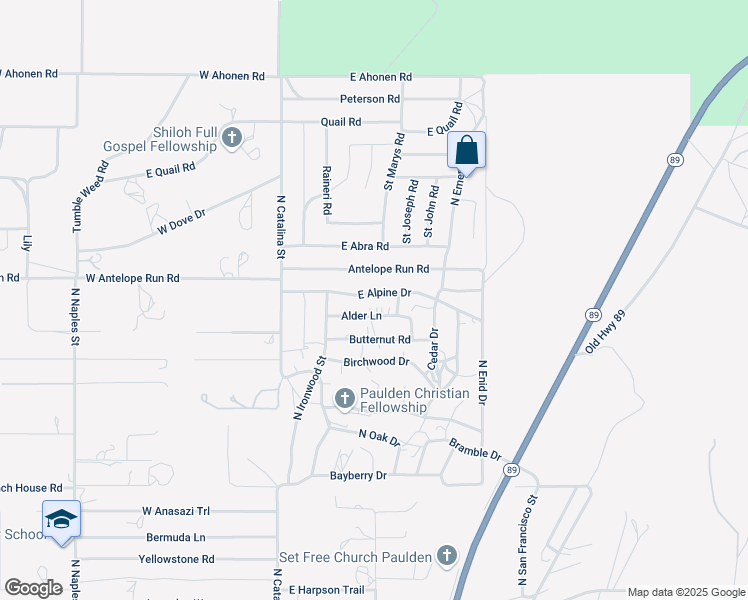 map of restaurants, bars, coffee shops, grocery stores, and more near 275 East Alpine Drive in Paulden