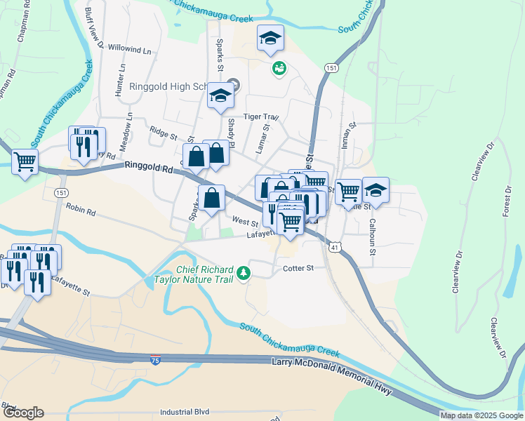 map of restaurants, bars, coffee shops, grocery stores, and more near 7694 Nashville Street in Ringgold